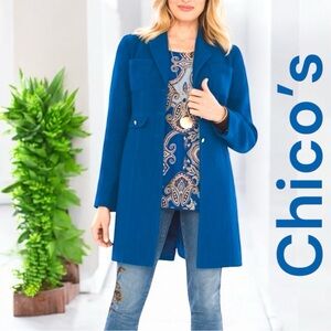 Chico’s-baroque blue 3-button woven overcoat/jacket. Size 4/6. So chic! Like new